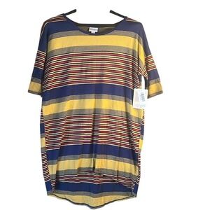 Lularoe Irma Shirt Size XXS oversized Stripes Gold/Red/Blue Super Soft NWT